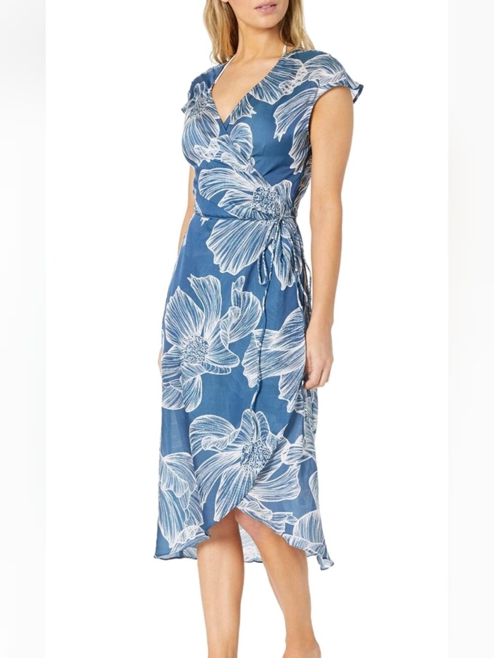 Gottex Lily Beach Blue and White Floral Wrap Midi Dress